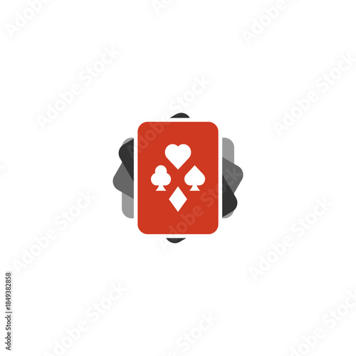 A red playing card with white heart, spade, club, and diamond symbols, fanned with grey cards.