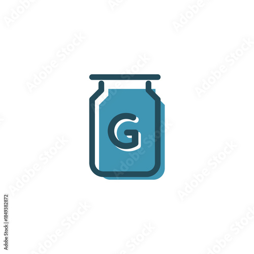 A minimalist blue jar icon with a prominent letter G inside, outlined in dark blue on a white background.