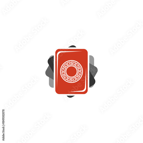A graphic illustration of a red playing card with a white circular Greek key pattern, layered with dark grey shapes.