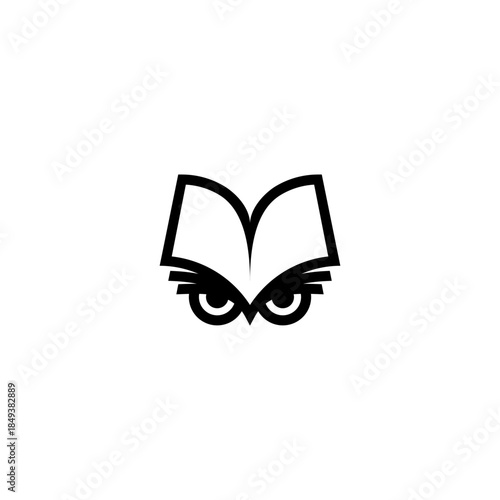 A minimalist black and white logo featuring an open book shape above a pair of wise owl eyes, symbolizing knowledge and wisdom.