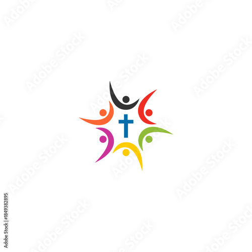 A colorful graphic depicting diverse people united around a central Christian cross, symbolizing community, faith, and spiritual gathering.