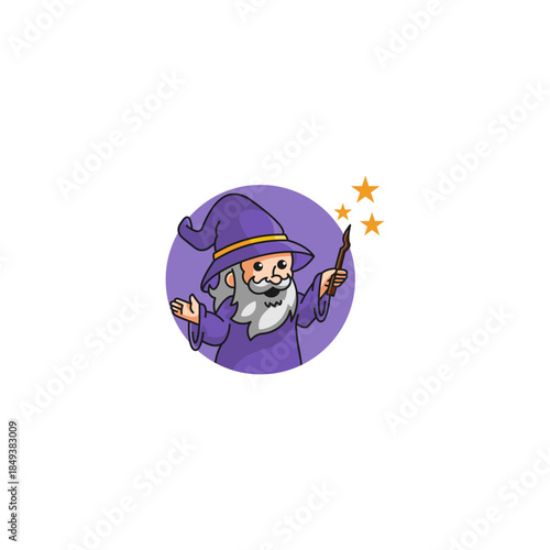 Cartoon wizard character with a purple hat and robe casting a spell with a magic wand, surrounded by stars.