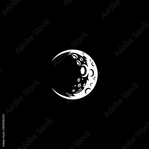 A stylized white crescent moon with visible craters on a black background, representing a celestial body or a golf ball.