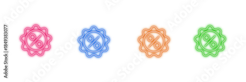 Neon glowing decorative badge vector icons set, abstract knot, intertwined mark, ornate seal, vibrant colorful digital design.