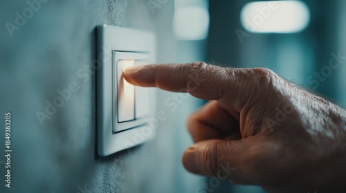 Illuminated Finger Pressing Light Switch on Textured Wall, Close-Up View.