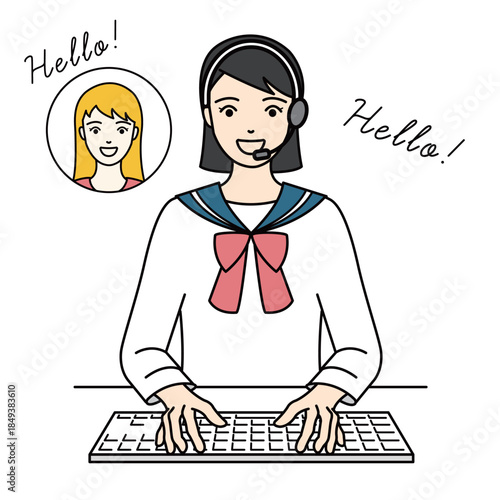 Female student in sailor suit working as a call center operator