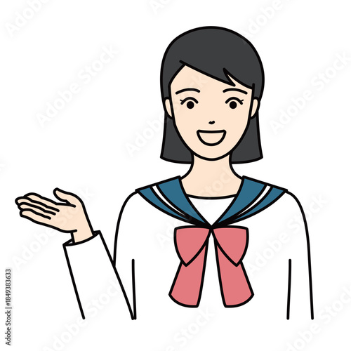 Smiling high school girl in sailor suit presenting or guiding
