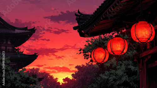 Stunning scene captures Thai temple at golden hour, with vibrant red lanterns illuminating surroundings against dramatic sky