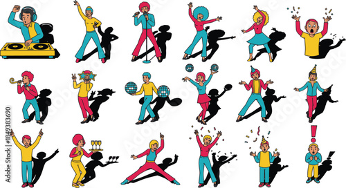 A set of energetic people dancing and celebrating in various joyful poses. They express happiness and movement. 