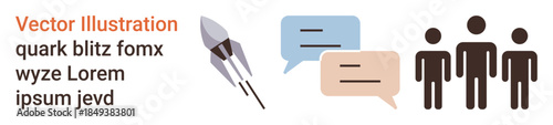 Collaboration, teamwork, innovation, messaging, technology, creativity. Icons include speech bubbles, a rocket and three people. Collaboration and messaging are