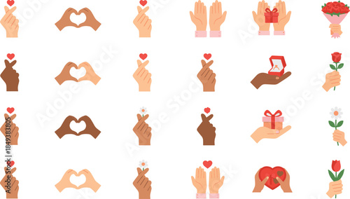 An artistic collection of hands forming hearts, holding gifts, and flowers. Each image depicts different skin tones, expressing affection and celebration