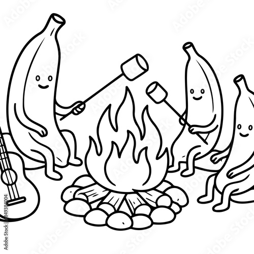 Banana's Bonfire: A gathering of animated bananas around a lively bonfire roasting marshmallows creating a fun illustration scene.