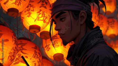 Wallpaper Mural Young man admires glowing lanterns during vibrant festival, inspired by beautiful Chinese poem on significance of light and celebration Torontodigital.ca