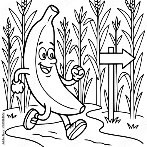 Banana's Adventure: A whimsical banana character embarks on an exciting journey, navigating through a field of stalks with a directional sign,full of energy and anticipation.