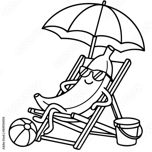 Sun-Kissed Banana: A whimsical banana lounges in a beach chair under an umbrella, fully embracing relaxation and carefree summer vibes.