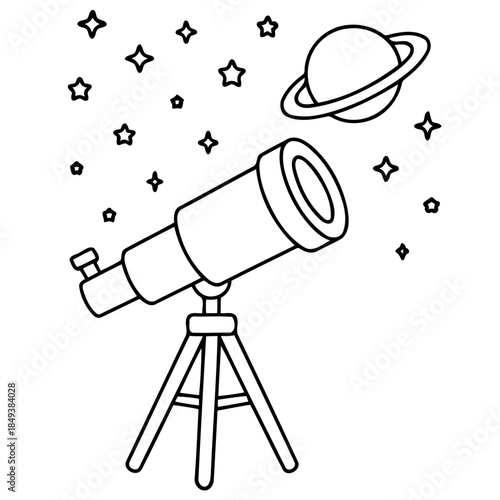 Celestial Explorer: A detailed illustration of a telescope, poised towards the cosmos, with a planet and stars in view, inviting the viewer to contemplate the wonders of space.