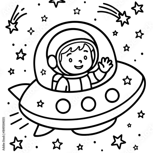 Cosmic Explorer in a UFO: An astronaut waves from a UFO amidst a starry sky, embarking on an interstellar journey filled with wonder and discovery.
