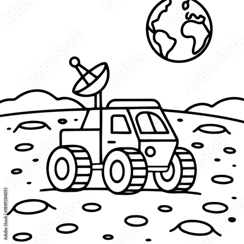 Lunar Rover Exploration: A monochrome depiction of a lunar rover explores the surface of the moon, equipped with a satellite dish, against the backdrop of Earth.