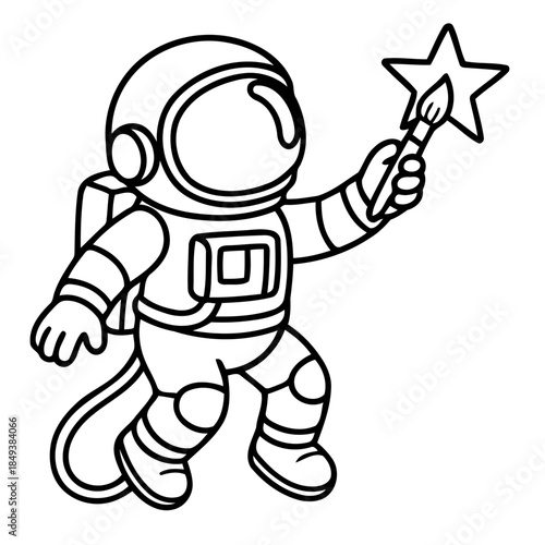 Astronaut with Star: A creative astronaut, equipped with a helmet and spacesuit, is captured holding a paintbrush and painting a vibrant star.