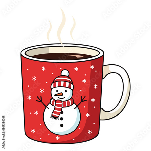 A Festive Red Mug Adorned with a Cheerful Snowman Holding a Warm Winter Beverage