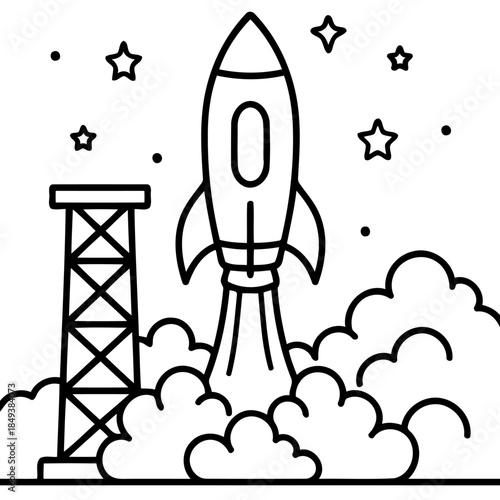 Cosmic Launch: A stylized illustration of a rocket ship blasting off into the starry cosmos, symbolizing exploration and technological advancement.