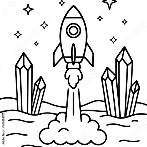 Rocket launch in space: A cartoon illustration depicts a rocket blasting off into space, leaving a trail of smoke and flames. The scene features crystals, stars, and a futuristic landscape.