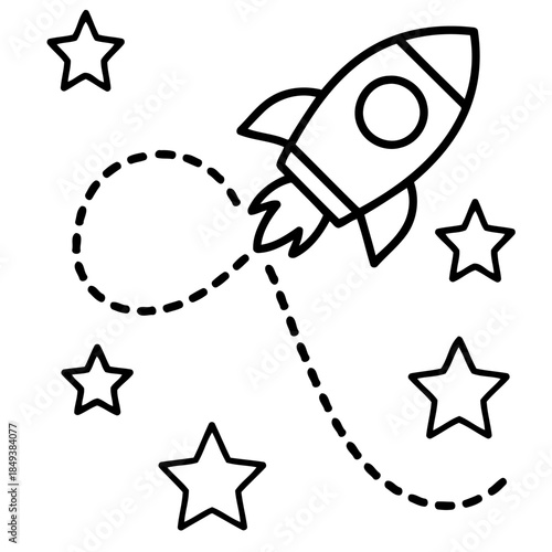 Rocket Ship in Flight: A simple illustration of a rocket ship soaring through space, leaving a dotted trail of stars in its wake. This image evokes a sense of adventure, exploration.