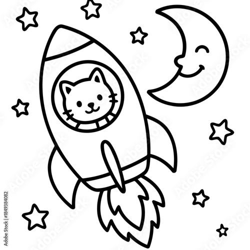 Cat Explorer's Galactic Journey: A whimsical illustration depicts a curious cat astronaut soaring through space in a rocket ship, encountering the serene face of a crescent moon and shimmering stars.