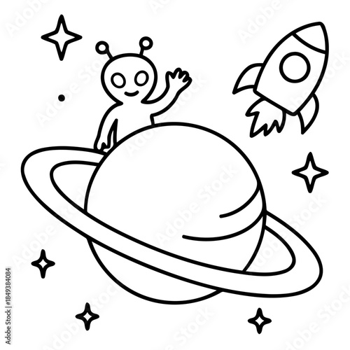 Friendly Alien and Rocket Ship Exploring Space: An adorable alien waves hello from its planetary perch, with a rocket ship nearby exploring the cosmos.