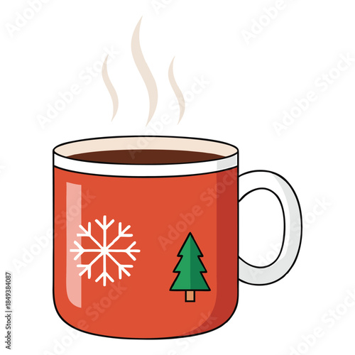 Warm holiday beverage in a festive red mug with snowflake and tree