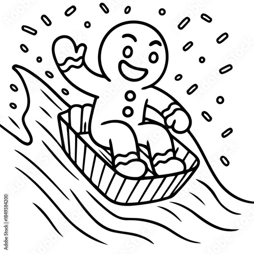 Gingerbread Man's Winter Adventure: A gingerbread man is shown on a sled sliding down a snowy hill, expressing delight. 