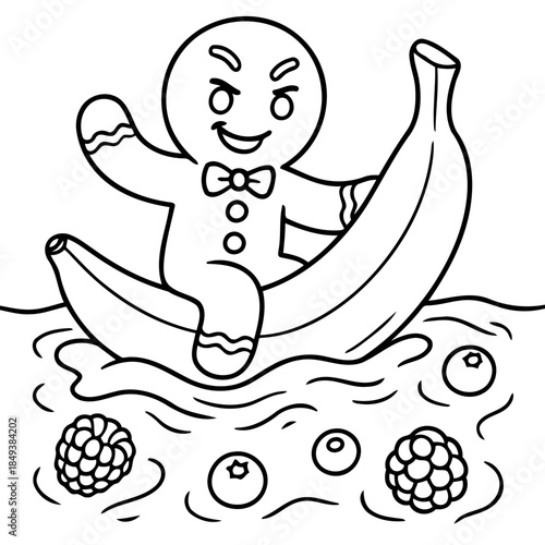 Gingerbread Man's Fruity Voyage: A whimsical illustration features a jovial gingerbread man embarking on a sweet adventure, sailing atop a banana peel and surrounded by playful berries. 