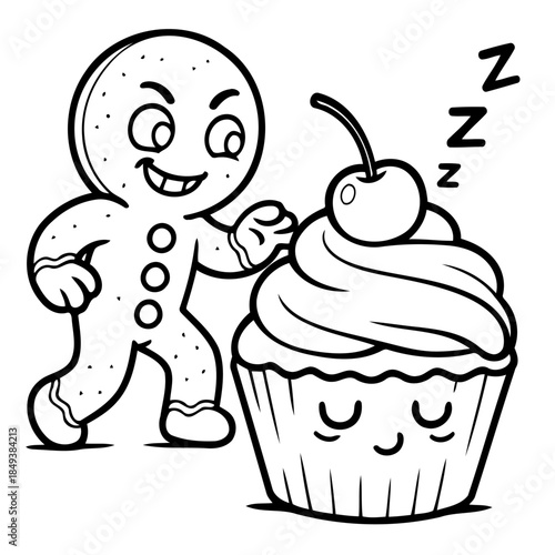 Gingerbread Man and Cupcake: In a whimsical illustration, a mischievous gingerbread man approaches a sleeping cupcake with a cherry on top, evoking a playful and tempting moment.