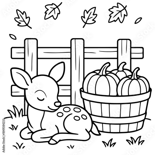 Autumn Deer's Rest: A charming illustrated scene unfolds, where a serene fawn rests near a rustic wooden fence and a basket brimming with pumpkins, symbolizing the tranquility of the season. 