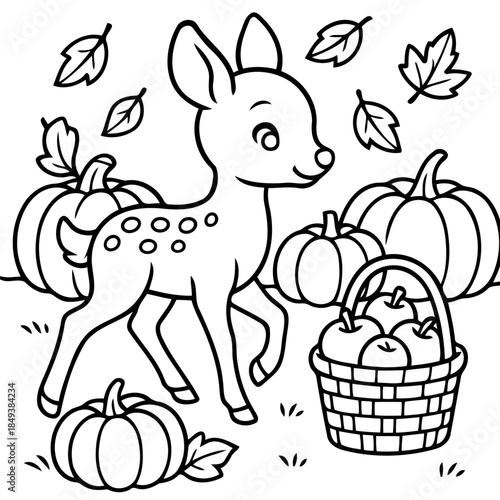 Adorable Fawn and Autumn Bounty: A charming illustration featuring a delightful fawn amidst a scene of autumn pumpkins, leaves, apples, and a woven basket, capturing the essence of the harvest season.
