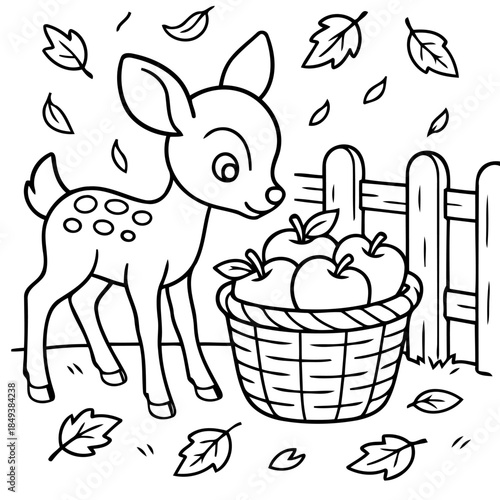 Autumn Delight: A charming illustration depicts a deer admiring a basket overflowing with ripe apples amidst falling leaves, evoking the essence of autumn's harvest and the innocence of nature.