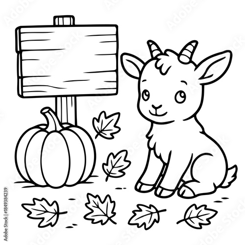 Autumn Scene with Goat: A charming illustration featuring a smiling goat, a plump pumpkin, wooden sign and scattered leaves, painted with a festive feeling.