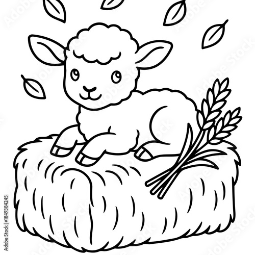 Lamb Resting on Hay Bale: A charming illustration shows a fluffy lamb perched atop a cozy hay bale, surrounded by falling leaves and wheat.