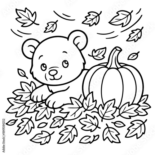 Autumn's Gentle Embrace: A cute bear nestled amongst a bed of autumn leaves, accompanied by a plump pumpkin, embodies the cozy warmth and seasonal cheer.