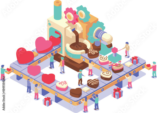 A colorful illustration of a chocolate factory featuring heart-shaped chocolates, workers, machinery, and gift boxes. It represents production, automation, and Valentine's Day. 