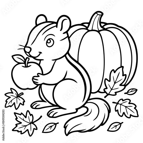 Whimsical Autumn Gathering: A charming chipmunk sits amidst fall foliage, clutching a crisp apple near a plump pumpkin, all embraced by the spirit of the season.