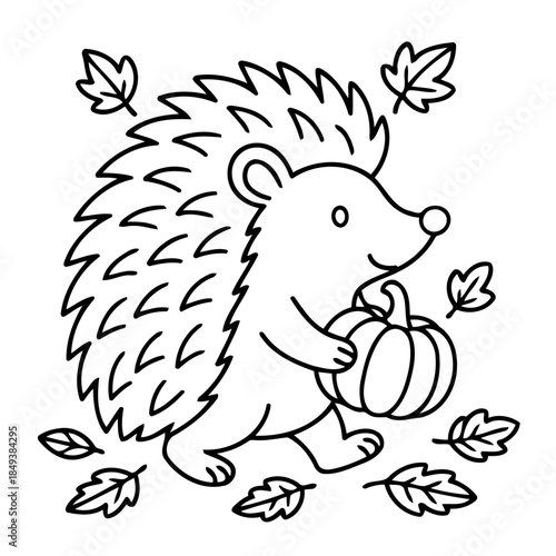 Whimsical Autumn Embrace: An adorable hedgehog, nestled amidst falling leaves, clutches a petite pumpkin, embodying the enchantment of the autumn season.