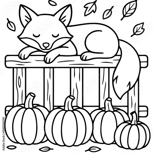 Autumn Slumber: A serene scene unfolds as a peaceful fox finds comfort on a rustic wooden bench, embraced by the ambiance of autumn. Five pumpkins, ripe and round.
