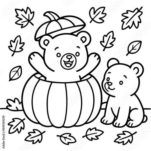 Bear Cub's Autumn: Two adorable bear cubs, immersed in the seasonal joy. One playfully sits inside a pumpkin and surrounded by falling leaves, embodies the spirit of autumn.