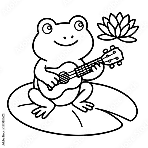 Frog's Melodic Serenade: A cheerful frog strums a ukulele while perched upon a lily pad beside a delicate water lily, a delightful scene of musical nature. 