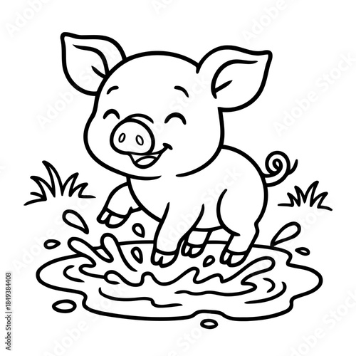 Joyful Piglet: This captivating illustration showcases a cute, cheerful piglet frolicking in a puddle of water. With a joyous expression and playful demeanor.