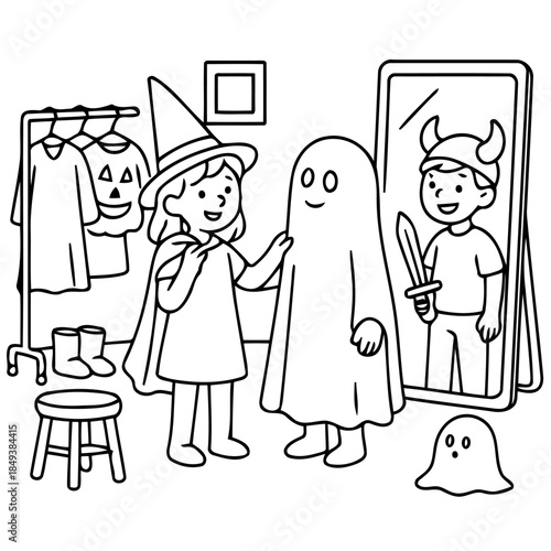 Halloween Costume Party: Two children are getting ready for a Halloween party, dressing up in costumes and looking in the mirror