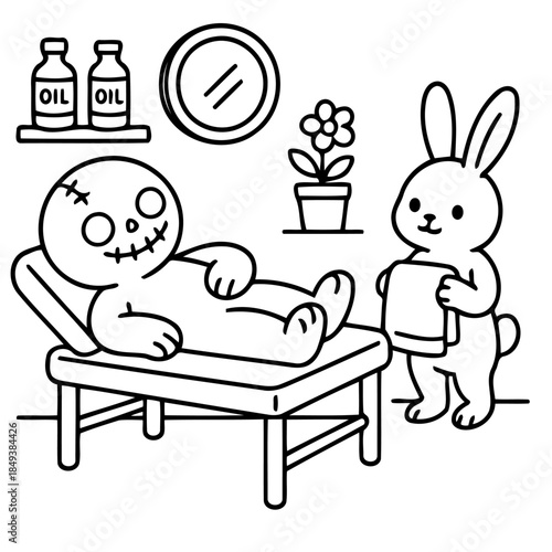Relaxation Oasis: A cartoon illustration depicts a scene of tranquility and pampering. A figure lies blissfully on a massage table, attended by a caring bunny.