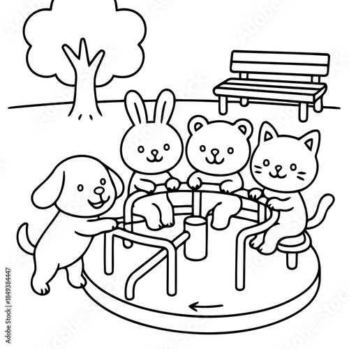 Playground Pals' Merry-Go-Round: A group of charming animal friends – a puppy, bunny, bear, and kitty – joyfully ride a merry-go-round, evoking a sense of childhood and playtime fun.