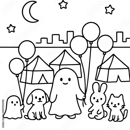 Magical Night Scene: Whimsical illustrations depicting a group of cute, friendly cartoon animals celebrating under a moonlit sky with balloons, tents, and cityscape creating a joyful festival vibe.